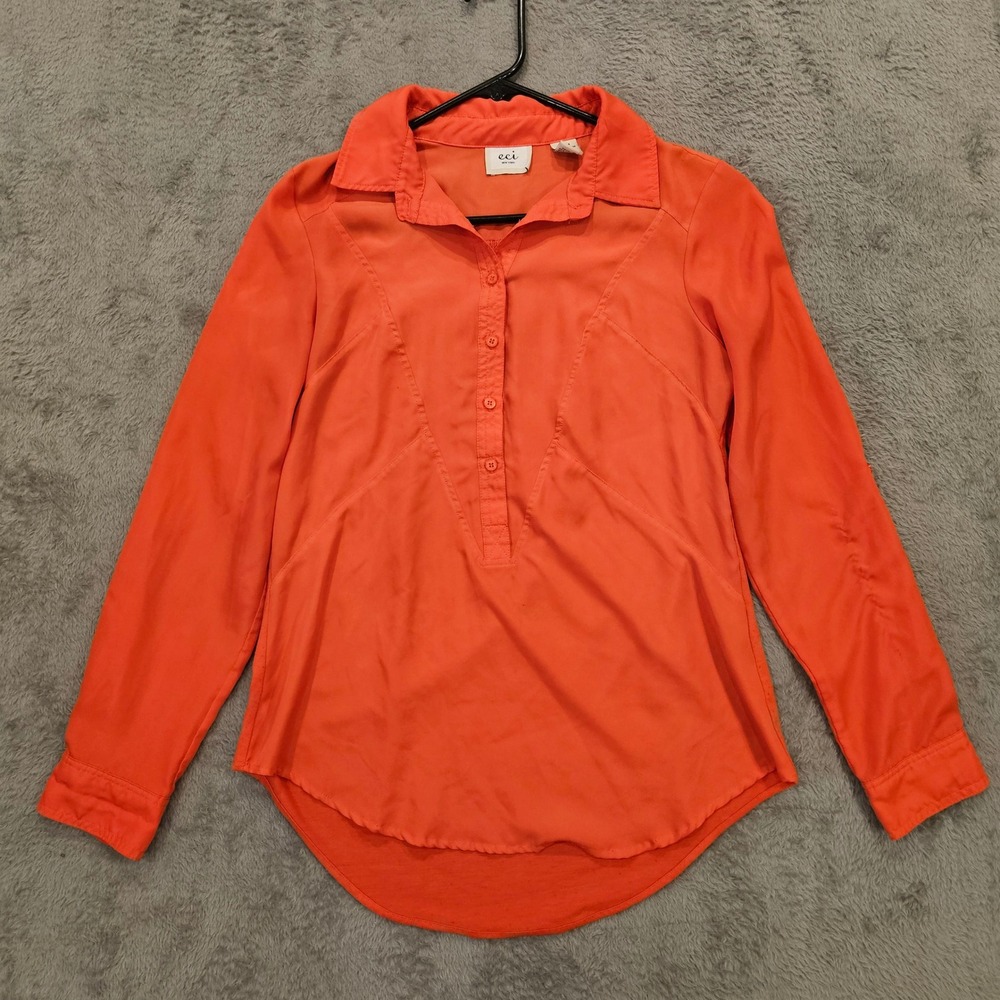 ECI New York Womens Orange Long Sleeve Mixed Media Button Front Blouse Size M